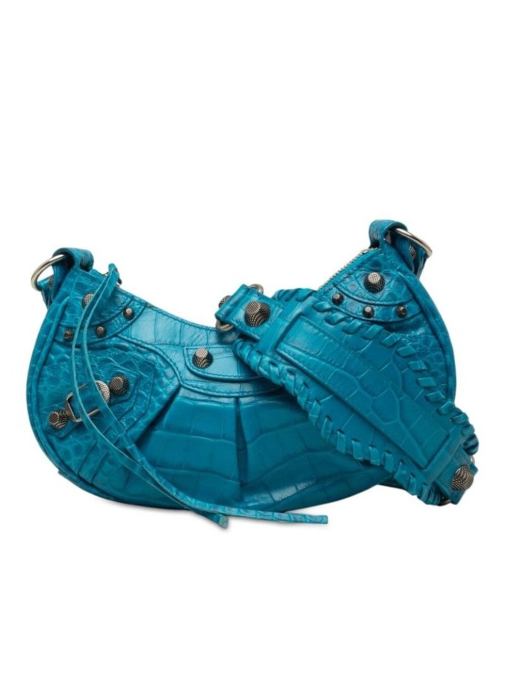 Balenciaga le Cagole XS Mini Crossbody Shoulder Bag Croco Embossed Blue Leather